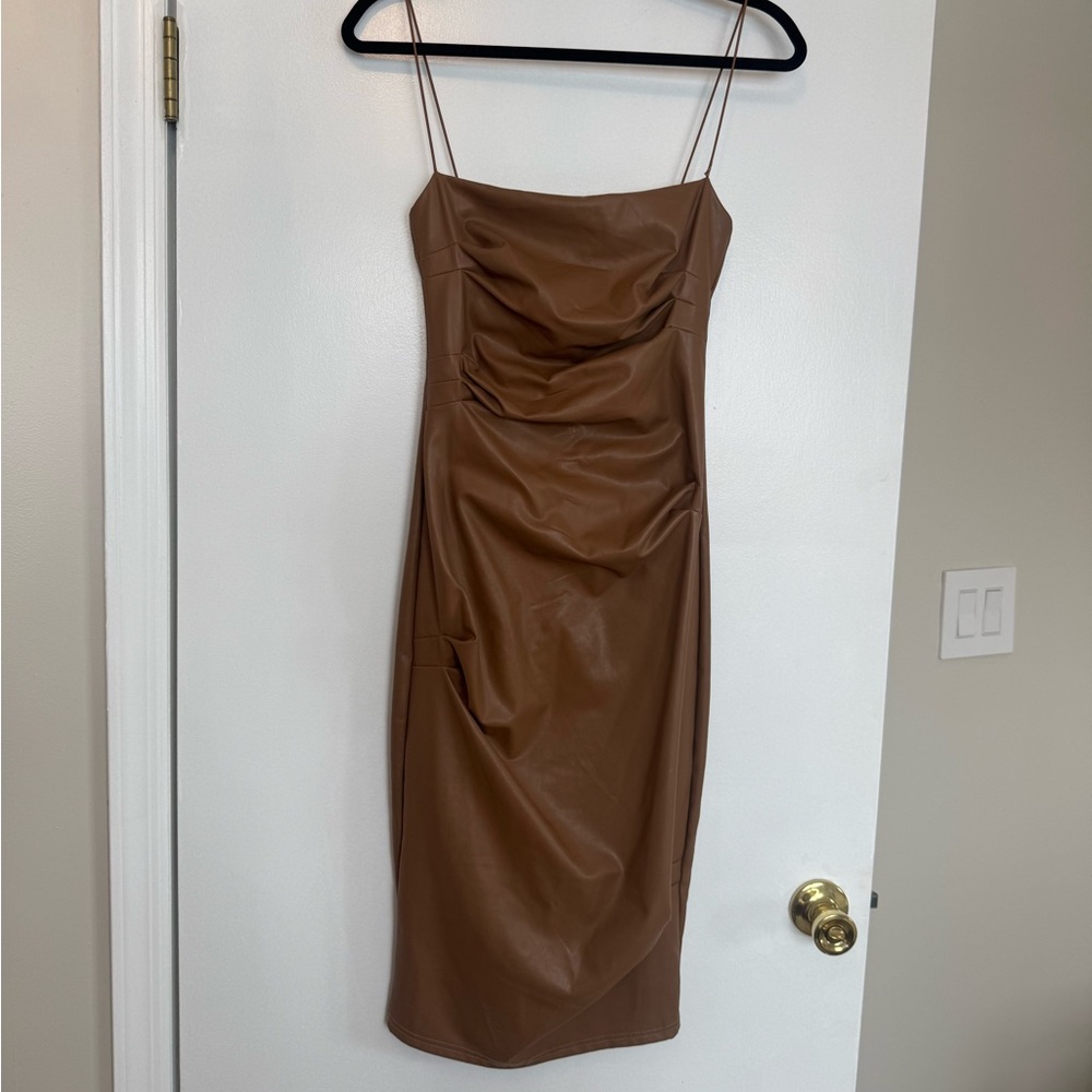 Edit by Nine Tan “Leather” Midi Dress Ruched